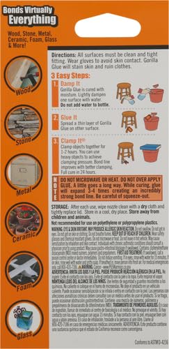 Gorilla Glue Original Waterproof Polyurethane Wood Glue Multi-Purpose Strong Adhesive Super Glue Strength - 2 Ounces