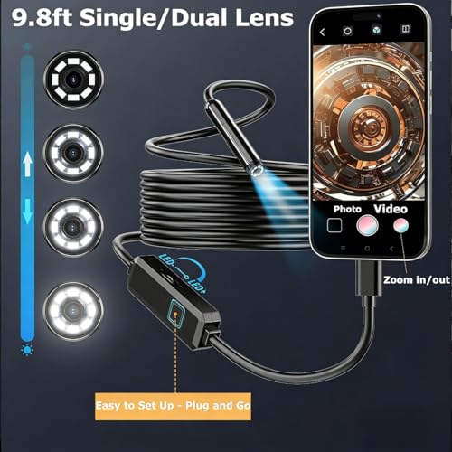 Endoscope Camera with Light, 1920P HD Borescope Camera with 9.8FT Semi-Rigid Snake Cable, 8 LED Lights IP67 Waterproof Inspection Camera for iPhone Android - style: Dual-Lens-9.8 FT