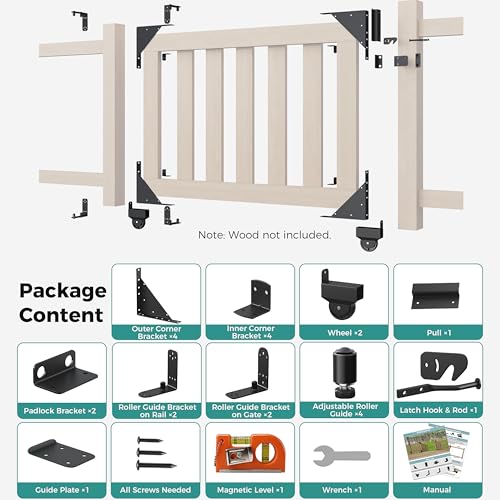 Sliding Gate Hardware Kit, Anti-Sag Wooden Gate Corner Bracket & Roll Wheel