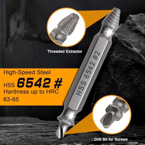 9PCS Damaged Screw Extractor Set, Hardness 65HRC, Upgraded Model HSS 6542, Removal Tool and 3 PCS Twist Drill Bit, General Bit Set Double Ended for Damaged Broken Stripped Screws - style: 9PCS