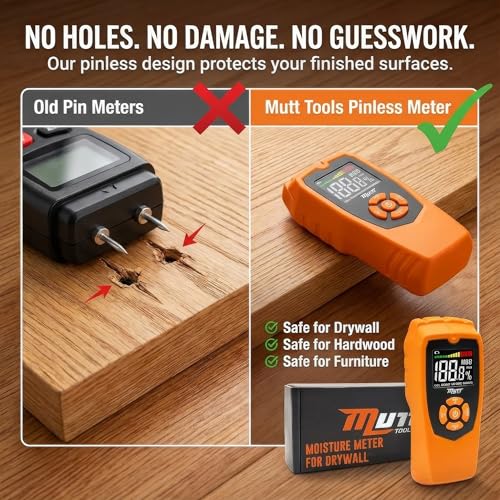 Mutt Tools Moisture Meter for Drywall Walls Pinless Wood Detector