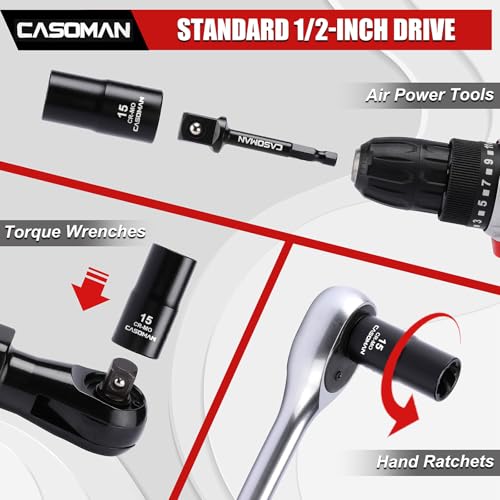 CASOMAN 16PCS 1/2" Drive Impact Bolt and Nut Extractor Socket Set, Stripped Lug Nut Remover Include Hex Shank Adapter & Pin Bar, for Removing Damaged Rusted Broken Rounded Fasteners off, CR-MO, Metric - size: 16-Piece