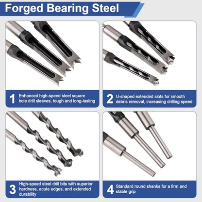 Square Hole Drill Bit Set, Bearing Steel, 6 Sizes 1/4"-5/8"