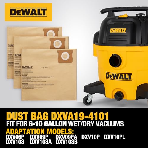 3 Pack DEWALT Dust Bag DXVA19-4101, for 6-10 Gallon Wet/Dry Vacuum, DEWALT Vacuum Bags, Compatible with DXV06P DXV09P DXV09PA DXV10P DXV10PL DXV10S DXV10SA DXV10SB - style: DeWALT Dust Bag - 6-10 gal.