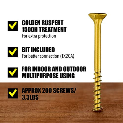 #10 x 3’’ Wood Screws by Grindy (200pack/3.3LBS) – Self-Drilling Deck Screws I Rust Resistant I Quick Drive & Fast Grip I for Cabinet, Furniture & Other Projects I T25 Star Drive I Bit Included - color: Golden Ruspert, size: #10 x 3"