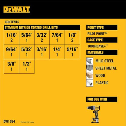 DEWALT Drill Bit Set, Titanium Nitride Coated, 14-Piece (DW1354) - size: DW1354
