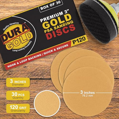 Dura-Gold - Premium - 120 Grit 3" Gold Hook & Loop Sanding Discs, Box of 30 - size: 120-Grit
