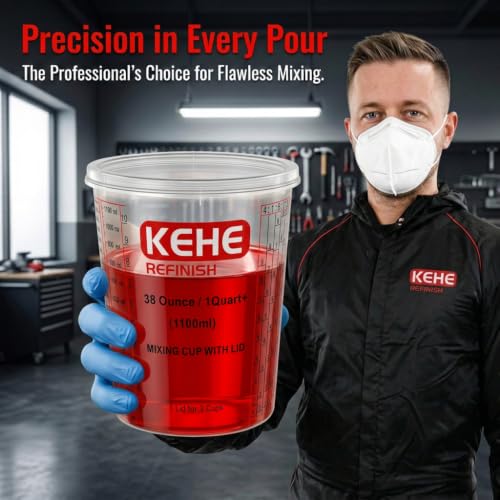 60-pack Paint Mixing Cups by KEHE REFINISH,38 oz (1100ml),Disposable or Reusable Plastic Measuring Cups with Lids for Liquids, Paints, Resin, Epoxy, Art,Ratios 1:1, 2:1, 3:1, 4:1, 5:1, 6:1, 8:1 - size: 38oz-60Kit