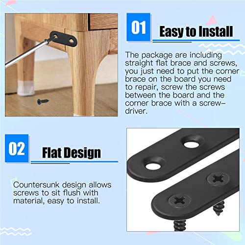 Glarks 15 Sets 100mm Flat Straight Corner Brace Black Metal Joint Plate Connector Repair Fixing Bracket with 65Pcs Screws for Wood Furniture (100x2mm) - size: 100x2mm
