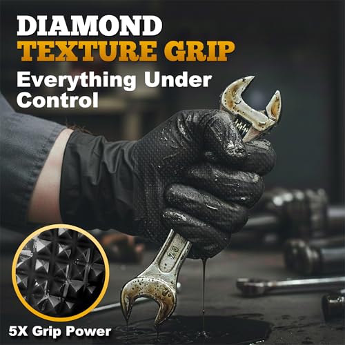 TitanFlex Heavy Duty Black Industrial Nitrile Gloves with Raised Diamond Texture, Latex Free 8mil - size: X-Large