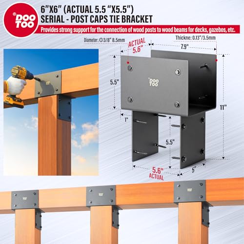 Stainless Steel Pergola Brackets, 6x6(Actual 5.5"x5.5") Post to Beam Bracket, Heavy Duty Post Cap Tie Bracket for Gazebos, Decks and Porches(2pcs-Black) - size: 6x6 (Actual Post 5.5"x5.5", Beams 5.5"x5.5")