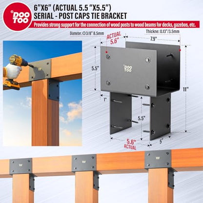 Stainless Steel Pergola Brackets, 6x6(Actual 5.5"x5.5") Post to Beam Bracket, Heavy Duty Post Cap Tie Bracket for Gazebos, Decks and Porches(2pcs-Black) - size: 6x6 (Actual Post 5.5"x5.5", Beams 5.5"x5.5")