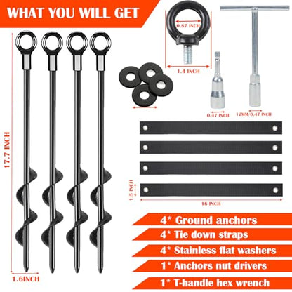 Trampoline Anchors High Wind Heavy Duty 17.7" Set of 4, Earth Ground Anchor Screw in, Trampoline Wind Stakes with Straps, Shed Anchor Kit for Mobile Home, Canopies, Carport, Gazebo, Swing Set
