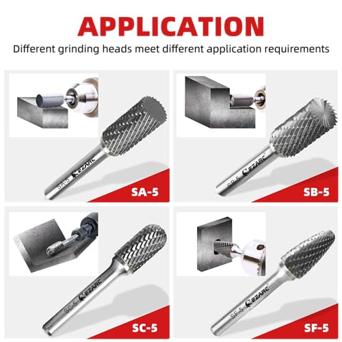 EZARC Tungsten Carbide Rotary Burr Set, 5PCS SC-5 Double Cut, 1/4" Shank - style: SC-5, 5PCS