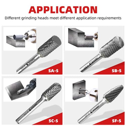 EZARC Tungsten Carbide Rotary Burr Set, 5PCS SC-5 Double Cut, 1/4" Shank - style: SC-5, 5PCS