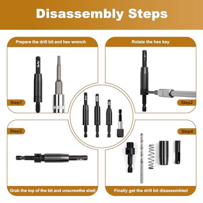 FIVEPEARS Self Centering Drill Bit Set, 3-Piece VIX Bit with 1/4" Hex Shank, 3/32”, 7/64”, 1/8” Center Drill Bit Set for Precise Cabinet, Door, and Hinge Installation
