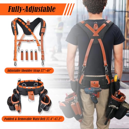 WELKINLAND Top-Grain Leather Tool Belt With Suspenders, Leather Tool Belt