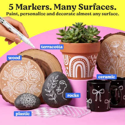 5 White Acrylic Paint Pens for Rock Painting, Wood, Fabric, Metal - color: White
