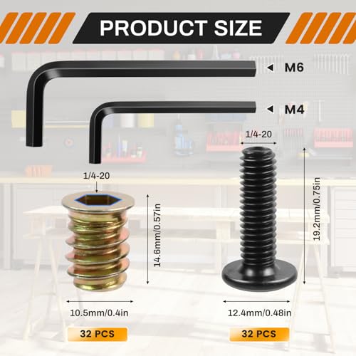 34 Sets 1/4-20 X 3/4" Furniture Screw Nut Threaded Inserts for Wood, Includes Hex Spanner, Perfect for Wood Threaded Insert and Nut Fasteners
