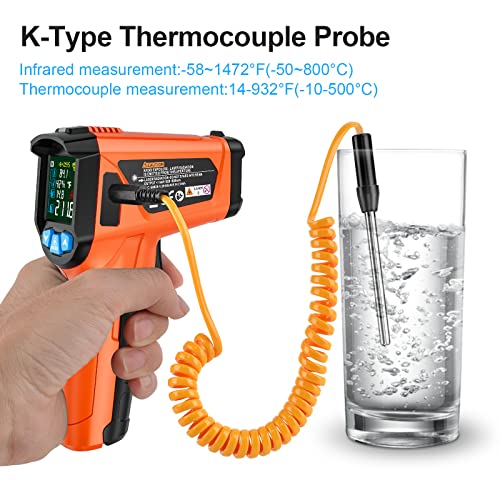 Infrared Thermometer Gun, Non Contact Digital Laser Thermometer Temperature Gun with Color LCD for Cooking, Home Repairs, Humidity Measurement, Adjustable Emissivity -58°F to 1472°F(-50~800°C) - color: Orange -58°F - 1472°F(-50-800℃)