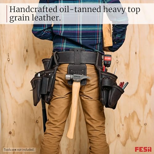 FESA 3 Inch Leather Tool Belt for Men with Hammer Holder Adjustable 34"-44" - color: Brown