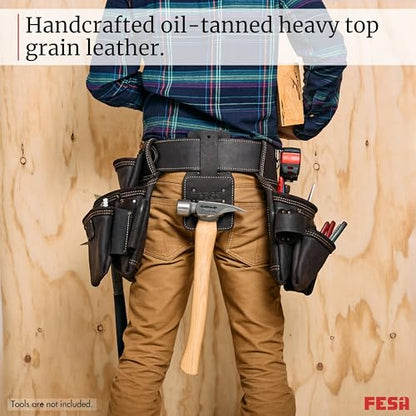 FESA 3 Inch Leather Tool Belt for Men with Hammer Holder Adjustable 34"-44" - color: Brown