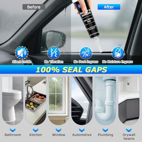 Black RTV Silicone Sealant Adhesive, 100% Silicone Caulk, All-Purpose Waterproof Sealant for Car, Window, Bathroom, Kitchen, Shrink & Crack Proof High Bond Strength Adhesive – 1.8oz / 50g - color: Black