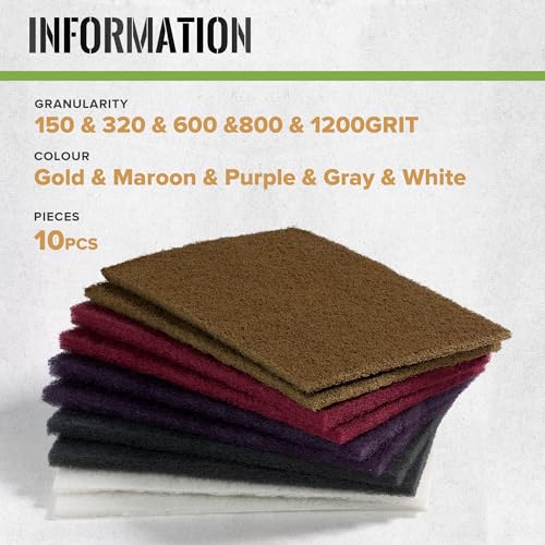 Scuff Pad 6” x 9” Scuff Pads,2 Each of Maroon&Grey&Gold&Purple&White,Scuff Pads for Paint Prep, Total 10PCS,Aluminum Oxide Abrasive Pads for Scuffing,Surface Adhesion Preparation,Cleaning - color: 150-1200grit-Gold/Maroon/Purple/Gray/White