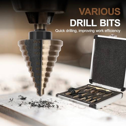 5 Pcs Step Drill Bit & 5 Pcs Countersink Drill Bit Set, Titanium High Speed Steel Step Drill Bit, 50 Sizes of Step Bits for Metal, HSS Step Bit with Aluminum Case for DIY, Multiple Hole Stepped Up Bit - style: 11PCS Step Drill Bits Set