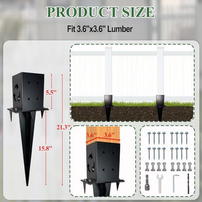 2 Pcs 4"x4" Fence Post Anchor,（Inner Size 3.9"x3.9"）,Metal Fence Post Anchor Ground Spike for Outdoor Support Deck,Fence,Porch,Railing,Bird Feeder,Mailbox