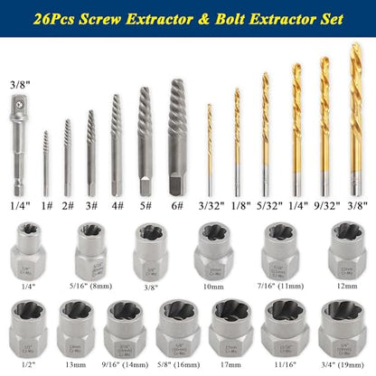 PRIDE&CRAFT 26Pcs Screw Extractor Set, Bolt Extractor Kit with HSS Left Hand Drill Bits, Stripped Screw Extractor, Nut Extractor Set with Hex Adapter for Damaged, Rusted Bolts, Screws, Nuts and Studs - style: 26-piece