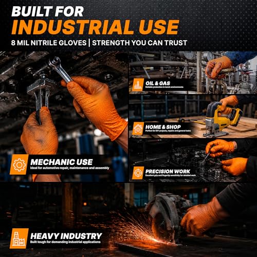 TitanFlex Heavy Duty Industrial Orange Nitrile Gloves, 8-mil, Gloves Disposable Latex Free with Raised Diamond Texture Grip, Powder Free, Rubber Glove, Mechanic Gloves,100-ct Box (XL) - color: 02 8mil (100ct), size: X-Large