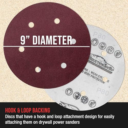 ProductionShop Premium 9" Red 6-Hole Pattern 80 Grit Sanding Discs, Box of 20 - Dustless Hook & Loop Backing Sandpaper for Drywall Power Sanders, Coarse-Cut Abrasive - Woodworking, Sand Auto Paint - style: 80 Grit