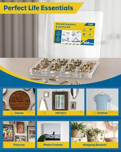 Vibit Self Drilling Drywall Anchors, Heavy Duty Wall Anchors for Drywall, Metal Dry Wall Anchors and Screws Kit, Carbon Steel Sheetrock Anchors with #6 x 1 3/8" Screws, Picture Hanging Kit, 200 Pcs - size: 200 Pcs