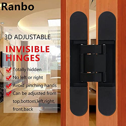 Ranbo 7 Inch Hidden Door Hinge, 3D Adjustable, Zinc Alloy Hardware Kit - size: 7 inch Black