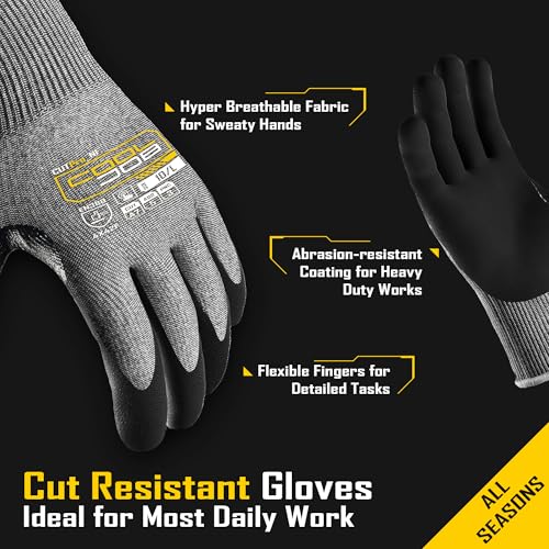 COOLJOB ANSI A7 Cut Resistant Gloves - 1/3/12 Pairs, Nitrile Rubber Dipped Safety Work Gloves with Reinforced Thumb, Non Slip, Breathable, Touchscreen, for Fishing, Gardening, Grey Small - size: Small, style: A7 Pack of 3