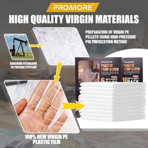 Plastic Drop Cloth (6 Pack), 12x9 Ft, Disposable Premium Plastic Tarp - size: 0.5mil-6Pack