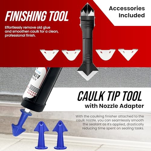 PROMAKER Cordless Caulking Gun, 21V Caulk gun w/ 2 Batteries, LED Light, Adjustable Speed, 3 Nozzle Adapters, 5 Knife Heads, 10 Oz Capacity, 550Lb Pushing Force, Caulk Tool Trowel & Scraper