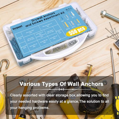 550Pcs Drywall Anchors and Screws Kit,275 Plastic & Heavy Duty Zinc Self-Drilling Anchors and 275 Flat Head Screws,Multiple Sizes Anchors for Drywall Hanging and Mounting