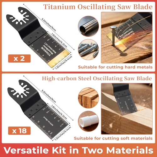 Oscillating Tool Blade Kit, 20PCS Universal Multitool Blades Multi Tools Titanium Blade for Wood Plastic Metal (20)