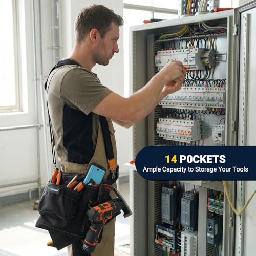 MELOTOUGH 14-Pocket Tool Belt with Suspenders, Tool Rig Organizer (Black)