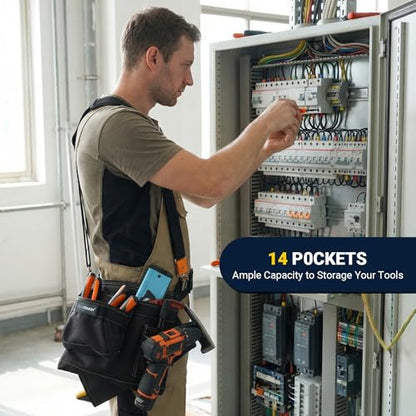 MELOTOUGH 14-Pocket Tool Belt with Suspenders, Tool Rig Organizer (Black)
