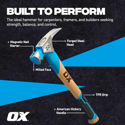 OX Pro Framing Hammer 22 oz MIlled Face with Curved Hickory Wood Handle Hammer wit Rubber Handle Grip - Martillos De Construccion - style: 22-oz Hammer + Grip