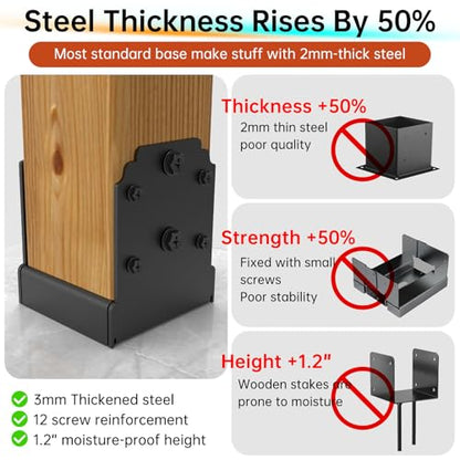 Heavy-Duty 6x6 Post Base Bracket for Concrete, 1" Elevated Base - size: 6x6 post base (2 PCS)