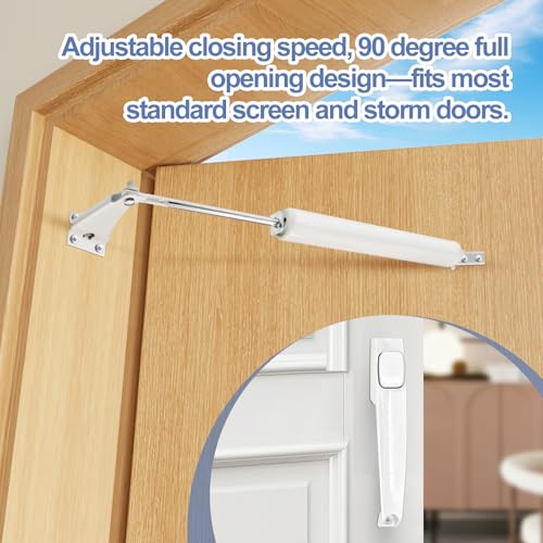 2 Sets Storm Door Closer Screen Door Shock Replacement Screen Doors Hydraulic Arm Replacement Heavy Duty Pneumatic with Handles Adjustable Closing Cushion Speed for Storm Screens Security Doors, White