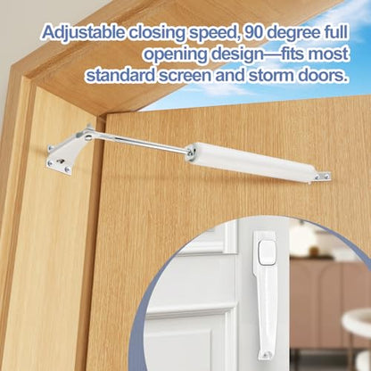 2 Sets Storm Door Closer Screen Door Shock Replacement Screen Doors Hydraulic Arm Replacement Heavy Duty Pneumatic with Handles Adjustable Closing Cushion Speed for Storm Screens Security Doors, White