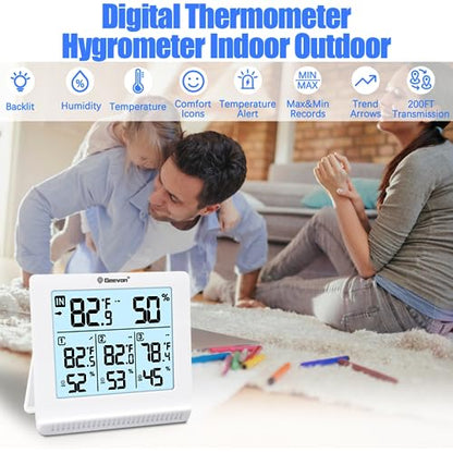 Geevon Indoor Outdoor Thermometer Wireless with 3 Remote Sensors, Digital Hygrometer Thermometer, Temperature Gauge Humidity Monitor with Backlight, 200FT/60M Transmission Range