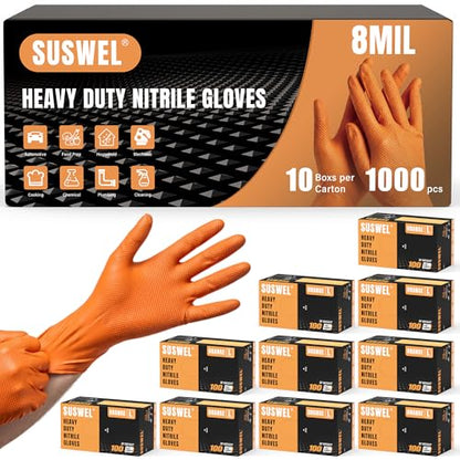 HEAVY DUTY 8 Mil Orange Nitrile Gloves, Diamond Textured Disposable Industrial Mechanic Rubber Gloves 1000PCs - size: X-Large