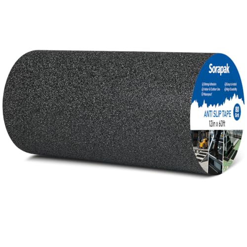 12" x 60 Ft Black Anti Slip Tape, 80 Grit Grip Tape for Stairs - size: 12'' x 60FT