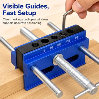 Self Centering Dowel Jig, Woodworking Drill Guide Locator with 6 Drill Sleeves, Hex Wrench, Manual for Precise Dowel Joints